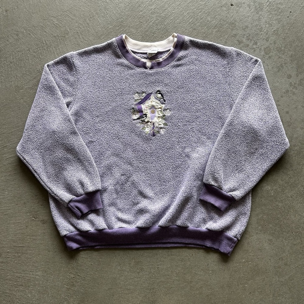 Vintage 90s BonWorth Birdhouse Sweatshirt Size XL Purple Bird‎ Grandma Crewneck